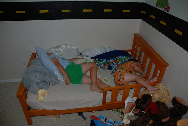 Troy and Trent sharing Troy's bed on the first night that we converted Trent's crib to a day bed